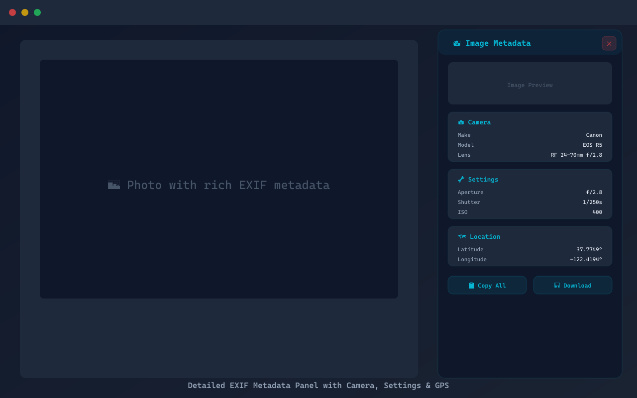 EXIF Metadata Panel showing camera info, settings, and GPS