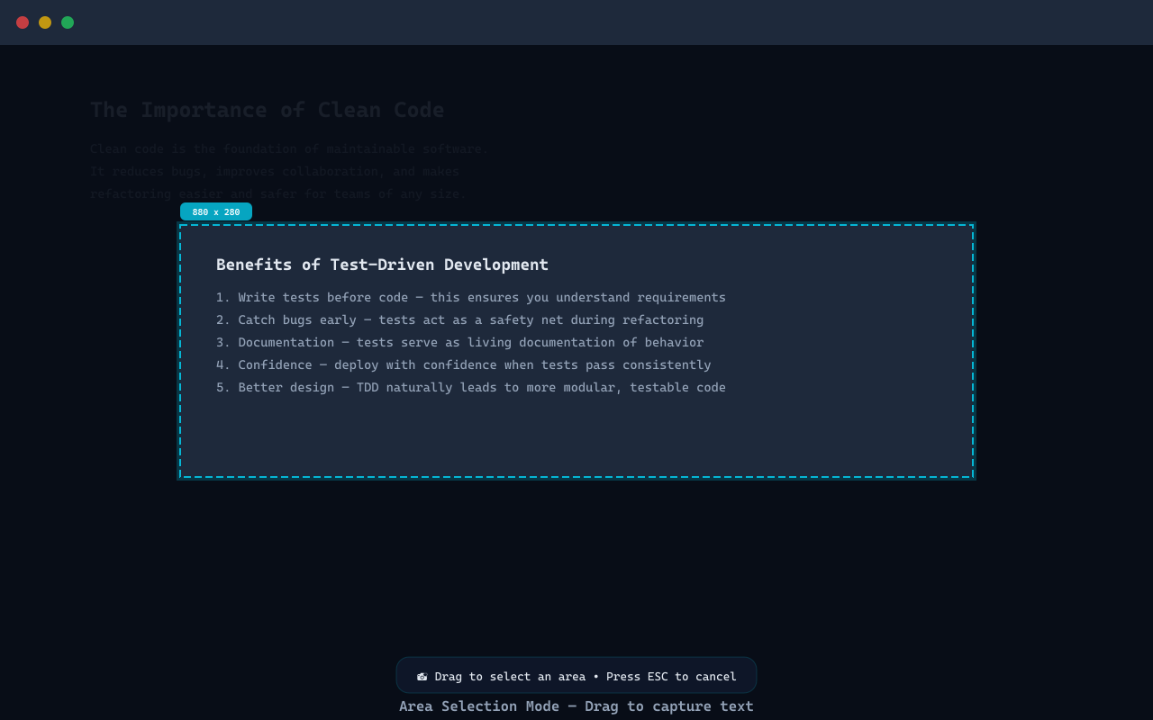 Screenshot selection mode showing area capture