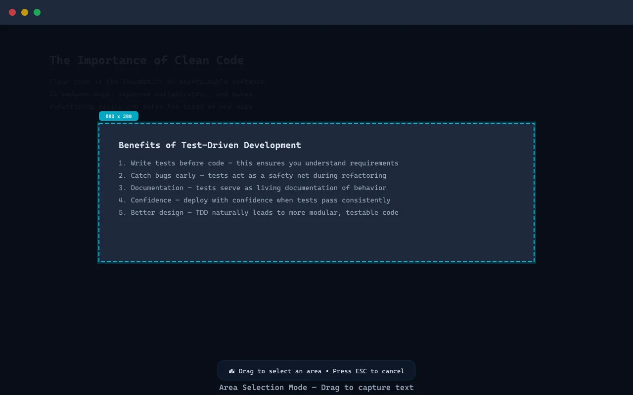 Screenshot selection mode showing area capture
