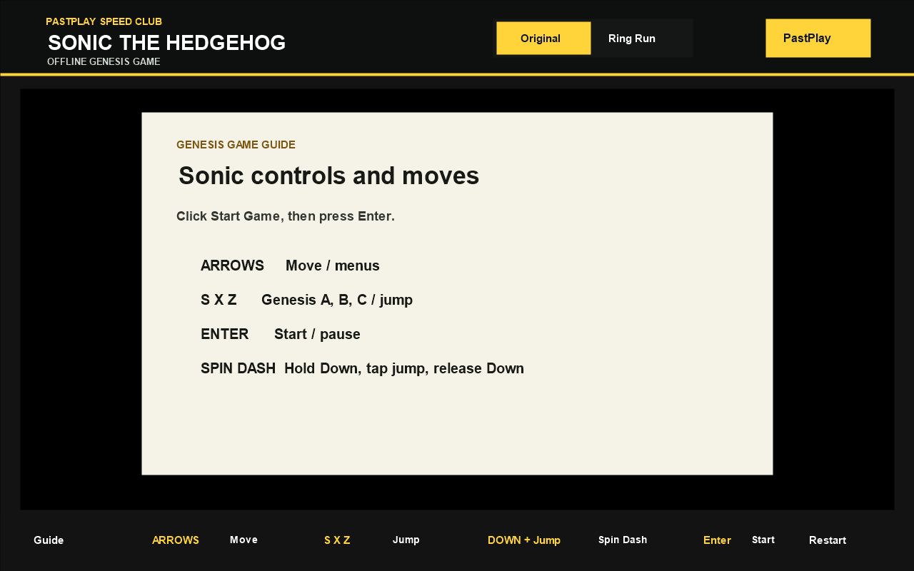Sonic the Hedgehog - Classic Genesis Game keyboard guide in the Chrome extension