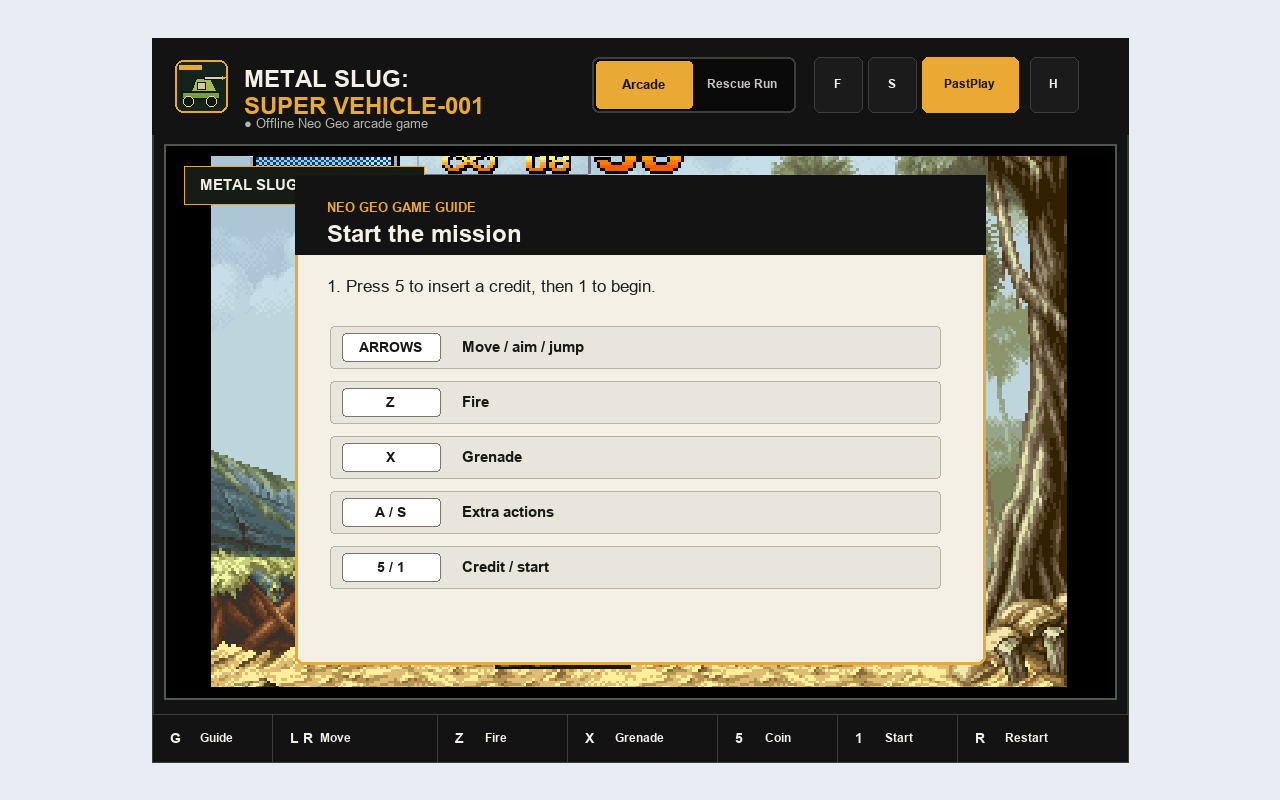Metal Slug Super Vehicle-001 - Arcade Action keyboard guide in the Chrome extension