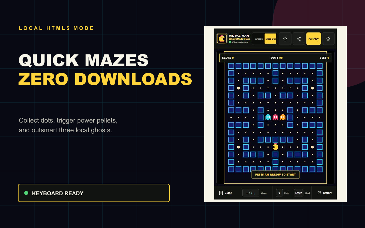 Maze Dash local HTML5 mini-game in the Ms. Pac-Man Chrome extension