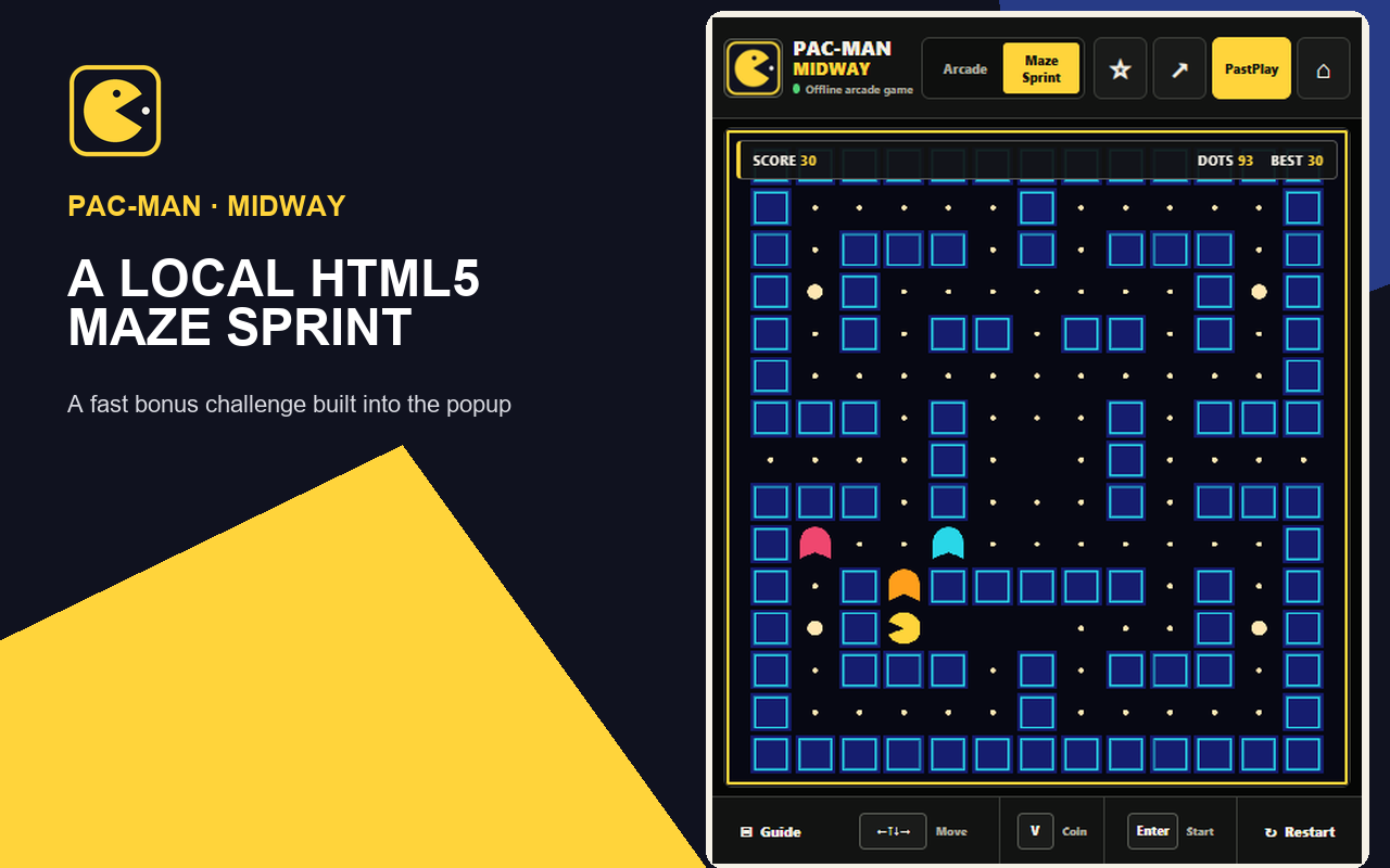 Maze Sprint local HTML5 mini-game in the Pac-Man Midway Chrome extension