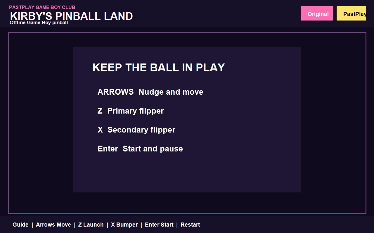 Kirby's Pinball Land - Game Boy Pinball keyboard guide in the Chrome extension
